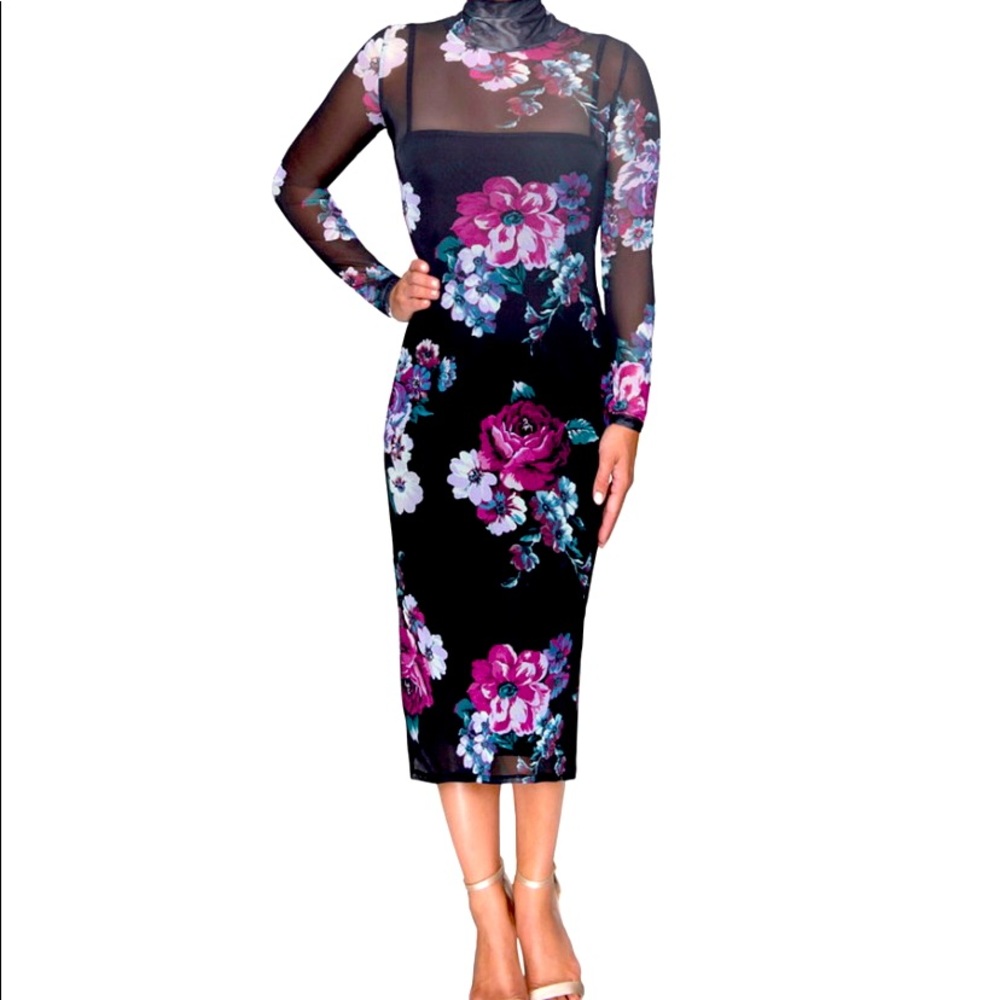 RACHEL Rachel Roy Floral Print Mesh Midi Dress